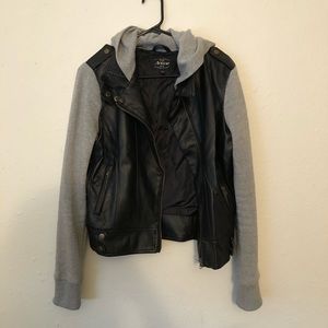 Leather jacket with cotton sleeves